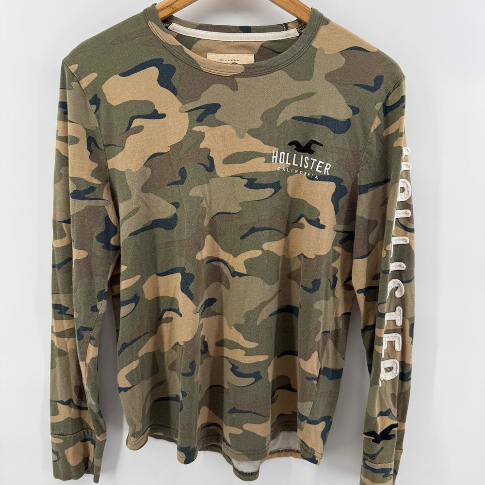 Hollister Mens Y2K Camo Long Sleeve T-Shirt Small Green Brown Camouflage Logo